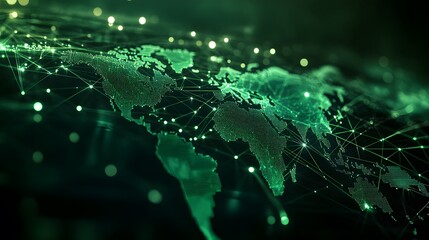A glowing green digital world map connected by networks, symbolizing global communication, data sharing, and worldwide technological systems.