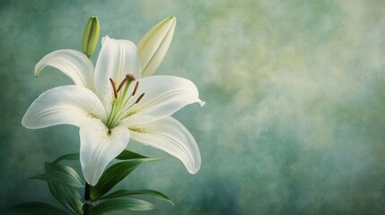 Fototapeta premium A delicate white lily blooming against a soft green background, symbolizing purity and elegance in nature.