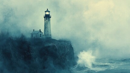 Fototapeta premium A dramatic lighthouse standing tall on a rocky coast amidst dark, swirling ocean waves and moody skies, evoking a sense of mystery.
