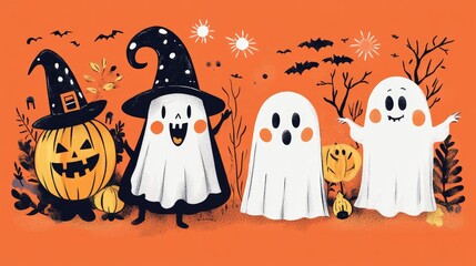 Creative Halloween costume ideas illustrated in a fun and spooky design, featuring classic characters like witches and ghosts