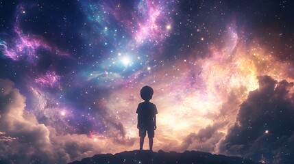 Obraz premium A silhouette of a child standing under a vibrant cosmic sky filled with stars and colorful nebula, symbolizing wonder and imagination.
