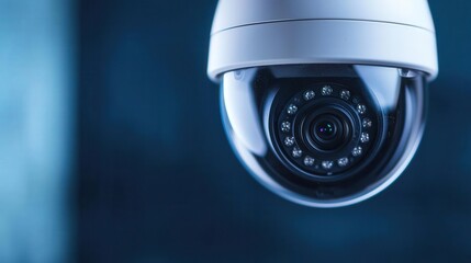 A close-up view of a security camera, highlighting its lens and design, ideal for technology and surveillance themes.