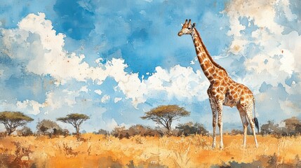 Obraz premium A majestic giraffe stands gracefully in a vibrant watercolor landscape, showcasing the beauty of the African savanna.