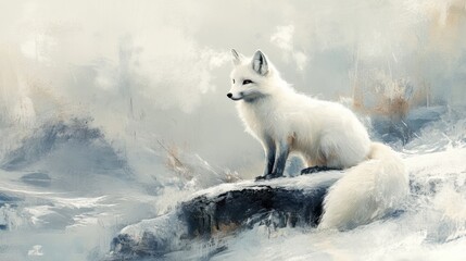 Obraz premium A majestic white fox poised gracefully on a rocky surface, embodying the beauty of winter's serene landscape.