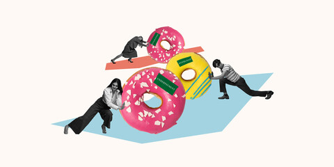 Contemporary art collage. Donuts of Overload. Pushing through stagnation, underpayment, and overload, workers strive to keep business machine moving. Concept of office, motivation, problem solving. Ad