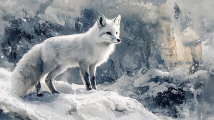 Obraz premium A majestic white fox stands gracefully in a snowy landscape, showcasing its beauty amidst a serene winter scene.