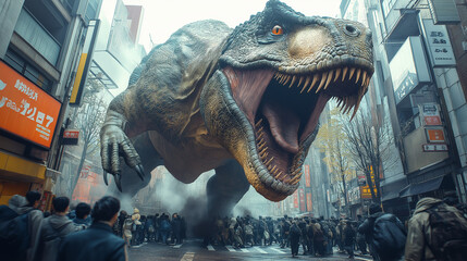 Fototapeta premium 恐竜に襲われる人々