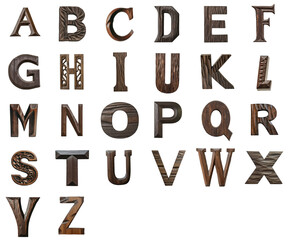 3D carved wooden font antique vintage abc alphabet. Set of typography symbols letters made of dark wood isolated on transparent or white background png.