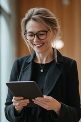 Fototapeta premium A woman wearing glasses and a black coat is smiling while holding a tablet. She is happy and content