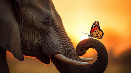 An elephant playing with a butterfly.