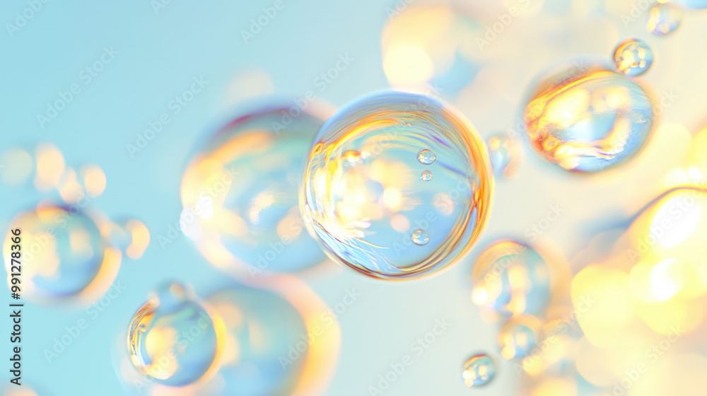 Poster 3d render of a cluster of transparent bubbles with a blue and yellow gradient background
