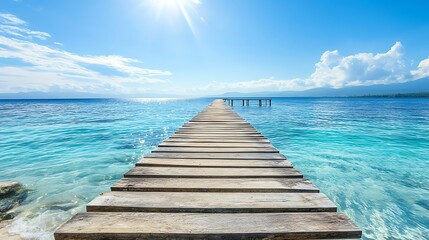 Fototapeta premium Wooden pier extending into the turquoise ocean, under a bright blue sky and sunny weather, ideal for tropical vacation concepts.
