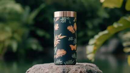 Stylish Eco-friendly tumbler with tropical design on natural background.