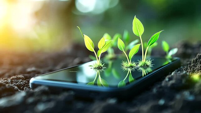 A smartphone screen with grass arrows sprouting towards the sky
