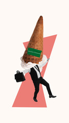 Contemporary art collage. Ineffectiveness Ice Cream. Businessman trips, burdened by inefficiency, as his ice cream cone of failures threatens to topple over. Concept of business, problem solving. Ad