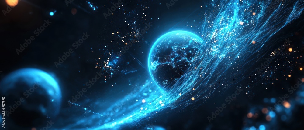 Wall mural blue abstract view of amazing glowing planet from space background wallpaper ai generated image