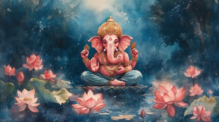 A serene depiction of Lord Ganesha surrounded by lotus flowers, symbolizing peace, wisdom, and prosperity in a mystical setting.