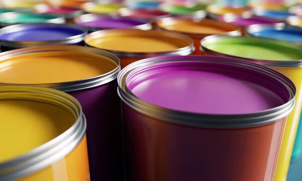 colorful paint cans in a row