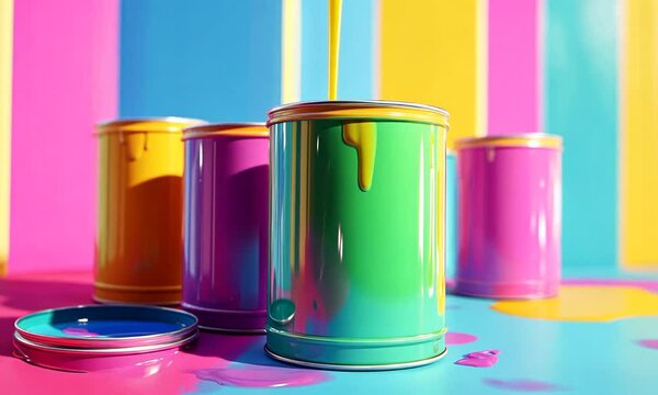 colorful paint cans in a row