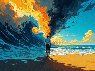 Facing the Storm of Depression. A solitary figure walks toward an enormous wave under a fiery sky, symbolizing the overwhelming force of depression.