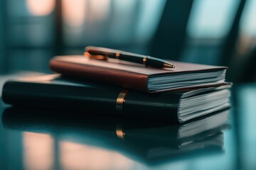 Notebook and pen on a reflective surface