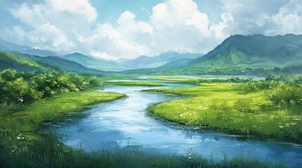 Obraz premium A serene landscape featuring a winding river, lush greenery, and distant mountains under a bright blue sky with fluffy clouds.