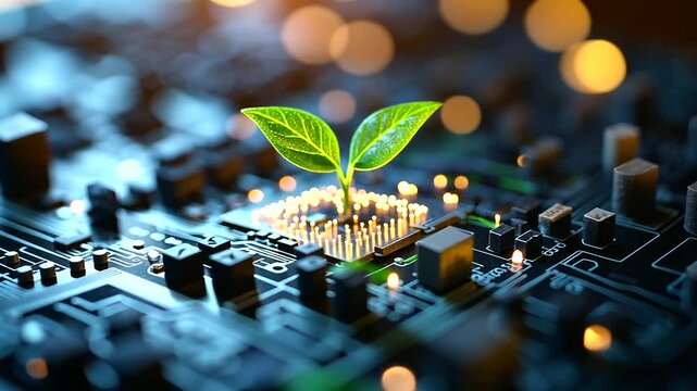 A close-up of a delicate seedling sprouting from a complex circuit board, representing the fusion of natural evolution