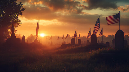 Naklejka premium Cemetery at sunrise with rows of military graves, American flags waving in the breeze