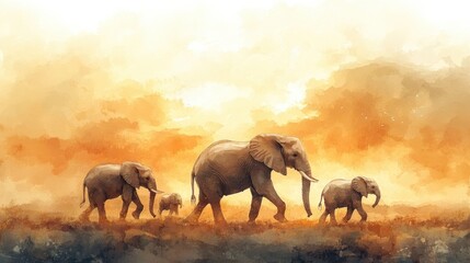 A serene scene featuring a herd of elephants walking together through a picturesque landscape at sunset.