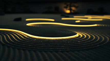 Digital Zen Garden. Glowing Data Nodes Replace Raked Pebbles in Ethereal Landscape of Light and Energy, Merging Ancient Wisdom with Futuristic Technology.