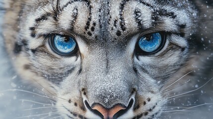 a snow leopard with a powerful stare, showcasing its fierce and majestic nature in the wild, a rare and beautiful predator of the snow-capped mountains