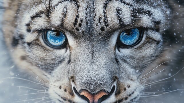 a snow leopard with a powerful stare, showcasing its fierce and majestic nature in the wild, a rare and beautiful predator of the snow-capped mountains