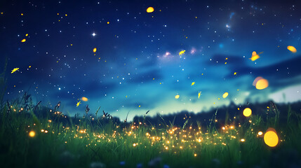 Fototapeta premium Summer night scene with fireflies glowing in a grassy field under a starry sky