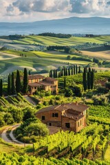 Naklejka premium Beautiful landscape of grape plantation farm land winery