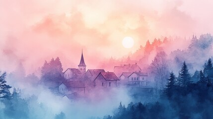 A tranquil village shrouded in mist, illuminated by a soft sunrise, creating a serene atmosphere amidst the trees.