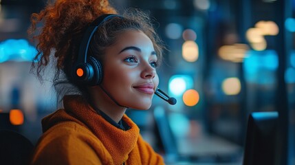 woman call center agent with a headset providing customer service and handling phone inquiries while working in an office offering professional support and communication assistance