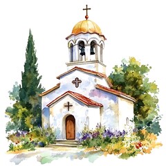 Watercolor Illustration of a Small Church with a Golden Dome and Bell Tower.