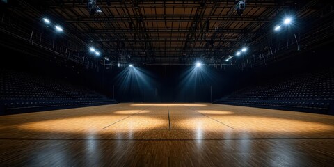 Basketball court illuminated by spotlights in an indoor sports arena.