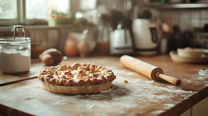 Charming background with a homely kitchen counter, featuring a freshly baked pie, rolling pin, and flour dusted on the surface