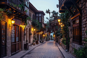 Fototapeta premium A narrow cobblestone street with old buildings along it. A quiet dusk.