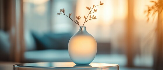 A serene vase with a delicate branch, illuminated by warm sunlight, creating a soothing atmosphere in modern home decor.