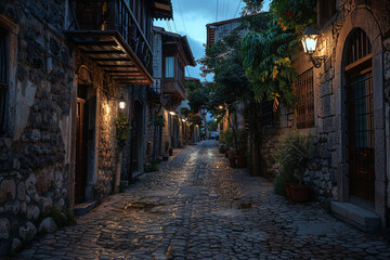 Fototapeta premium A narrow cobblestone street with old buildings along it. A quiet dusk.
