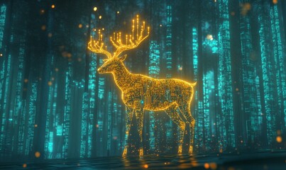 Digital deer stands in a glowing forest.