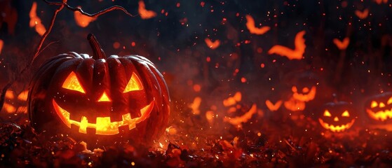 Fototapeta premium Carved pumpkins illuminated for Halloween celebration, spooky atmosphere.