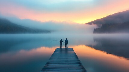 Fototapeta premium two men fishing on a pier at a calm lake early in the morning with nets and rods reflecting the beauty of nature and peaceful surroundings during a quiet outdoor adventure