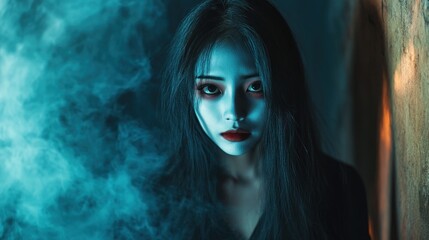 Naklejka premium Close up of face asian woman with horror ghost makeup background wallpaper AI generated image