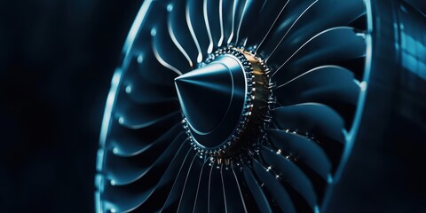 Close-up of a jet engine turbine, showcasing intricate details and blue tones.