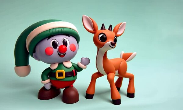 Zoom sur un lutin du P&egrave;re No&euml;l et un renne du tra&icirc;neau en p&acirc;te &agrave; modeler,  univers l&eacute;gendaire de No&euml;l