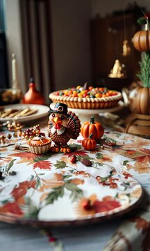 table du repas de Thanksgiving avec d&eacute;corations automnales et une figurine de dinde portant un chapeau de p&egrave;lerin, ambiance chaleureuse et festive 4&egrave;me jeudi de novembre
