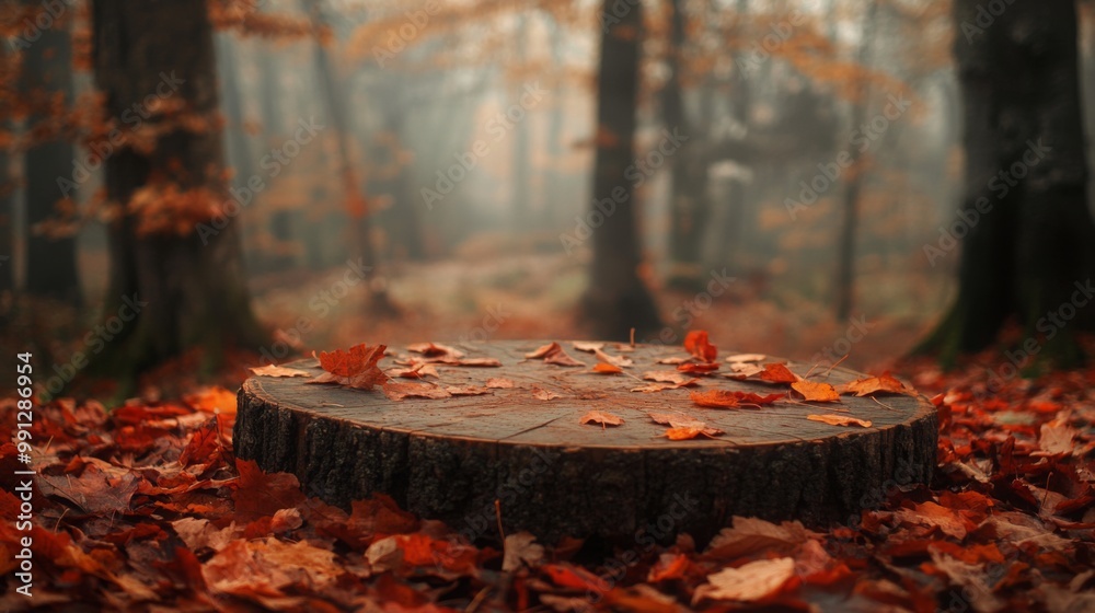 Poster a thick wooden stump sits at the center of a tranquil forest, covered with vibrant autumn leaves. th